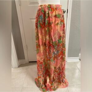 Bohemian High Waist Layered Skirt Salmon & Pink Floral Print Zipper Medium